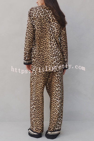 Unique Print Lapel Long Sleeve Loose Shirt and Elastic Waist Casual Pocket Wide Leg Pants Set