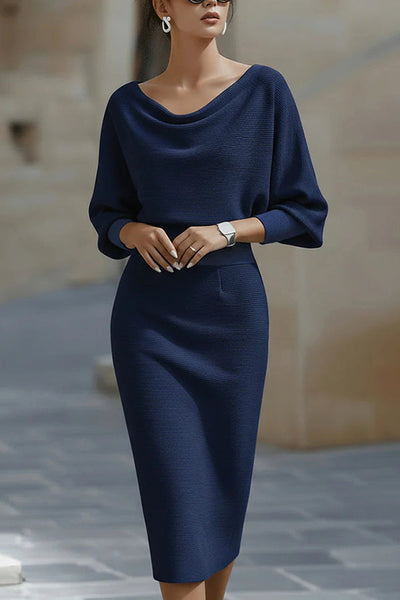 Solid Color Batwing Sleeve Fitted Waist Elegant Midi Dress