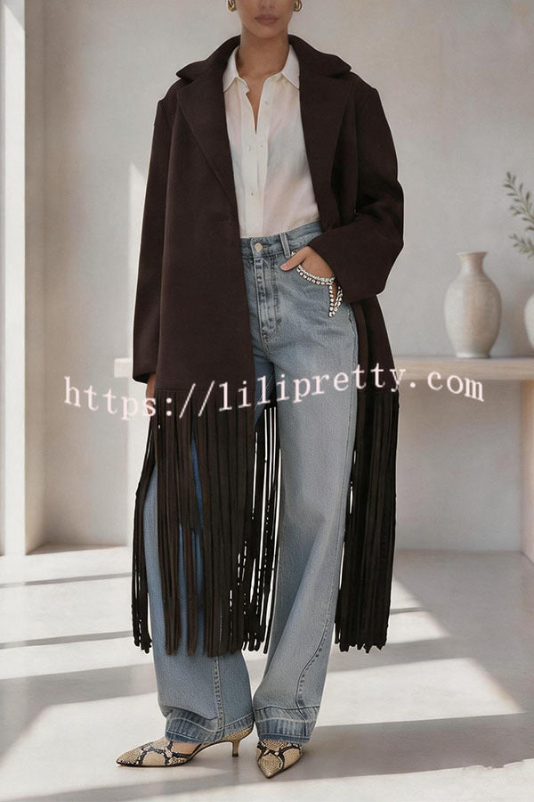 Street Style Wool Blend Long Sleeve Pocket Tassel Trim Lapel Midi Coat