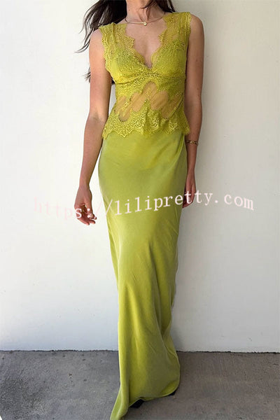 Effortless Elegance Satin Sheer Lace Patchwork V-neck Drape Maxi Dress