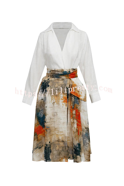 Jiles Linen Blend Unique Contrast Print Long Sleeve Tie-up Pocket Shirt Midi Dress