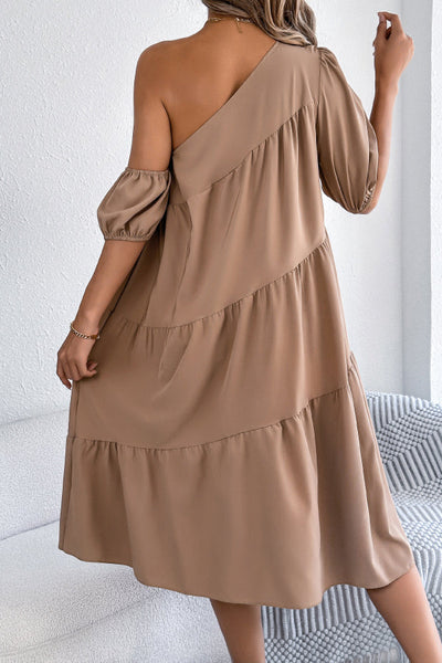 Solid Color Loose Slash Neck Short-sleeved Casual Midi Dress