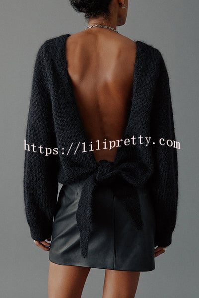 Chunky Season Knit Mohair-blend Long Sleeve Open Back Knot Design Loose Sweater