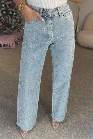 Fashionable Rhinestone High Waist Casual Pocket Straight Jeans