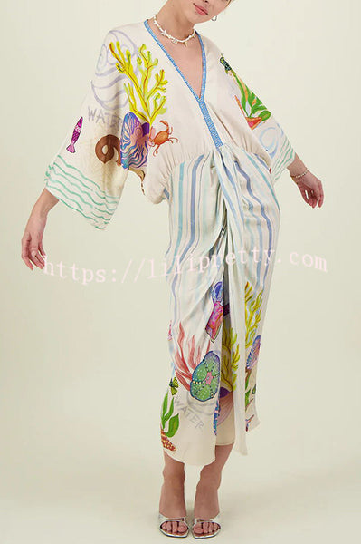 Coastal Seashell Satin Unique Print Drape Gathered Kimono Midi Dress