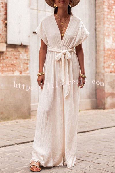 Up To You Linen Blend Elastic Waist Straps Loose Jumpsuit