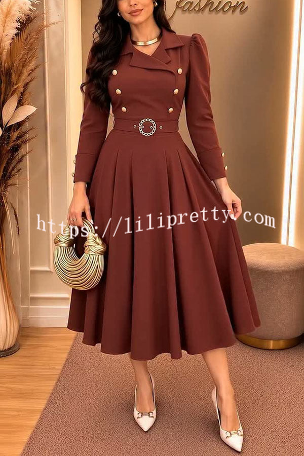 Velora Double Metal Buttons Long Sleeve Belted Pleated Hem Lapel Midi Dress