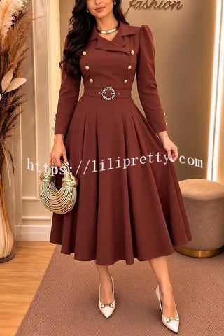 Velora Double Metal Buttons Long Sleeve Belted Pleated Hem Lapel Midi Dress