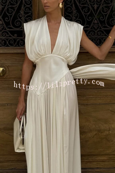 Elegant V-neck Sleeveless Fitted Waist High Slit Vacation Maxi Dress
