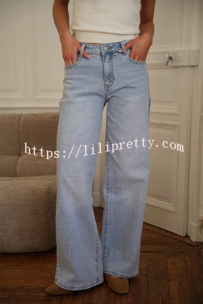 Stylish Denim Colorblock Star Patterned Mid Waist Pocket Wide Leg Jeans