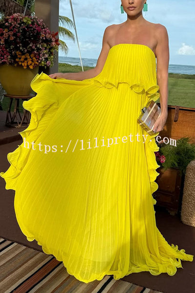 Reina Chiffon Pleated Wavy Ruffles Trim Strapless Loose Maxi Dress