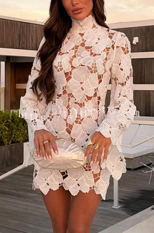 Tropica View Crochet Lace Seashell High Neck Long Bell Sleeve Mini Dress