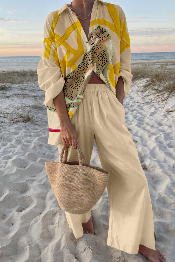 Spotted Cheetah Print Oversized Shirt and Elastic Waist Pocket Pants Set