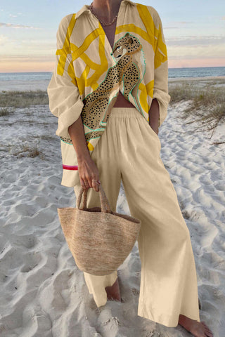 Spotted Cheetah Print Oversized Shirt and Elastic Waist Pocket Pants Set