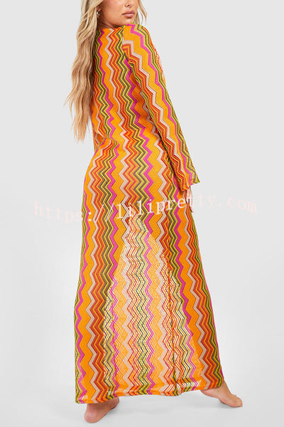 Orange Soda Stripe Print O-ring Long Sleeve Beach Maxi Dress