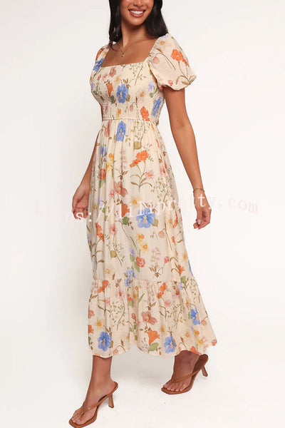 Dreamy Floral Print Square Neck Puff Sleeve Smocked Maxi Dress