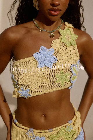 Susanna Knit Crochet Handmade Flower One Shoulder Stretch Crop Tank