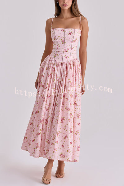 Romantic Countryside Stretch Cotton Blend Floral Print Cutout Trim Slip Midi Dress