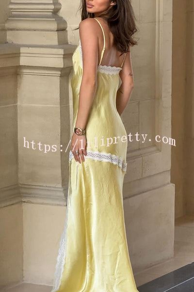 Sweet Trend Satin Lace Trim V-neck Slit Slip Maxi Dress