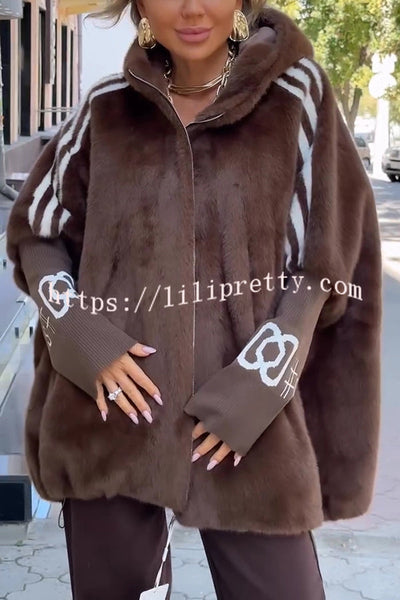 Fashion Sports Stripe Print and Ribbed Embroidered Long Sleeve Zipper Pocket Hooded Plush Coat