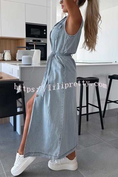 Solid Color Sleeveless Single Breasted Waist Tie Casual Pocket Denim Midi Dress