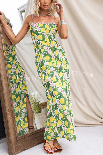 Summer Lemon Print Scalloped Lace Trim Suspender Slim Maxi Dress