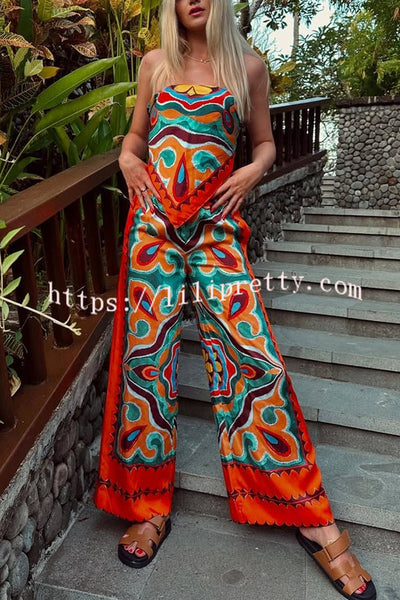 Ethnic Style Unique Print Tube Top and Elastic Waist Casual Pocket Wide Leg Pants Set