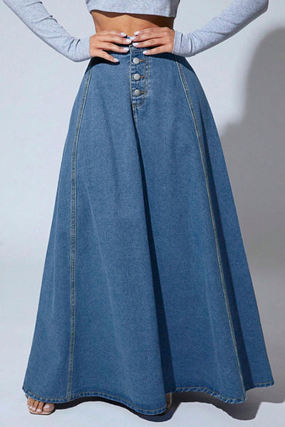 Fashion Metal Single-Breasted Casual Denim Maxi Skirt
