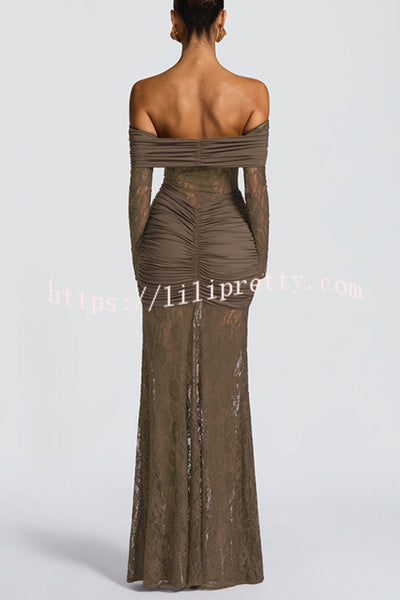 Solid Color Patchwork Lace Off-shoulder Long-sleeved Pleated Slim-fit Maxi Dress