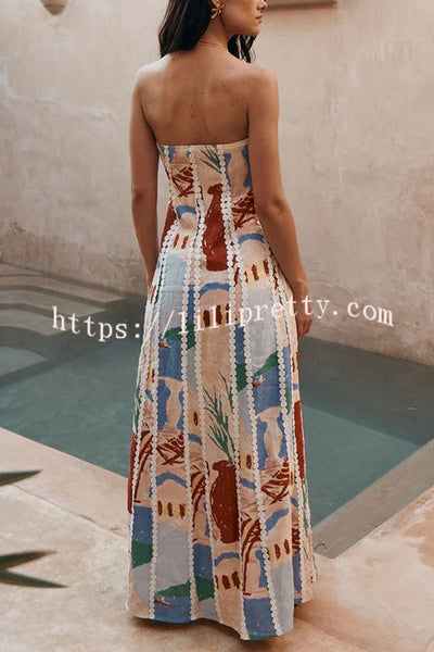 Kelia Ric Rac Trims Unique Print Strapless Pocket Flared Maxi Dress