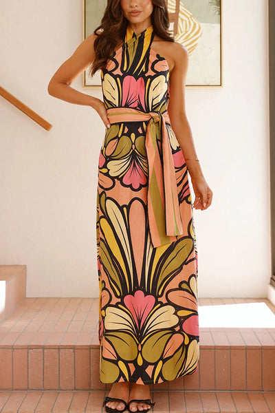 Unique Print Halter Neck Waist Tie Holiday Maxi Dress