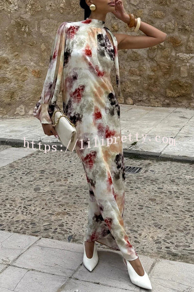 Ninah Satin Tie-dye Print Tie-up Neck One Sleeve H-line Maxi Dress