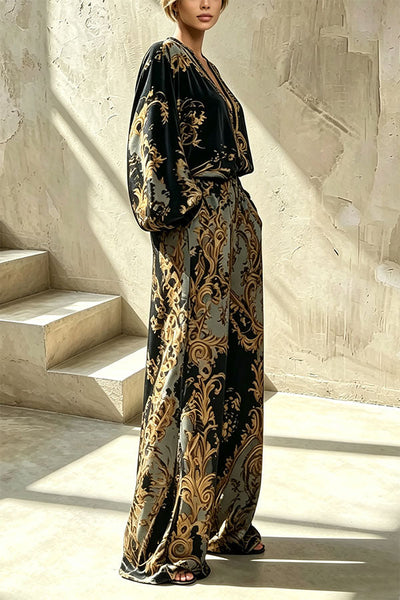 Baroque Noir Statement Blouse and Wide-Leg Pant Set