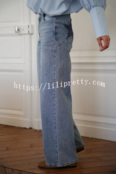 Stylish Denim Colorblock Star Patterned Mid Waist Pocket Wide Leg Jeans