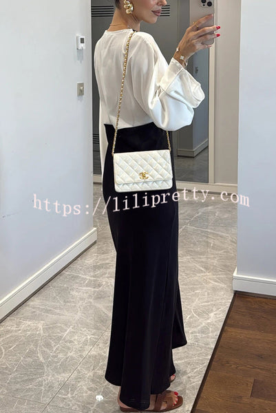 Lainei Contrast Color Satin Lace Trim V-neck Long Sleeve Maxi Dress