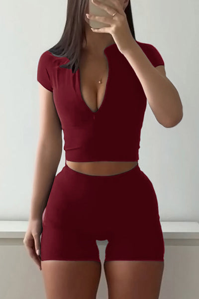 Fashionable Sports Yoga Style V-neck Crop Top and Stretch Slim Shorts Set