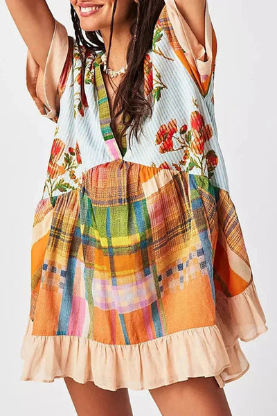 Bohemian Printed Casual Short Sleeve Ruffled Mini Dress