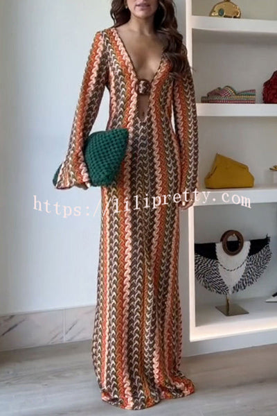 Orange Soda Stripe Print O-ring Long Sleeve Beach Maxi Dress