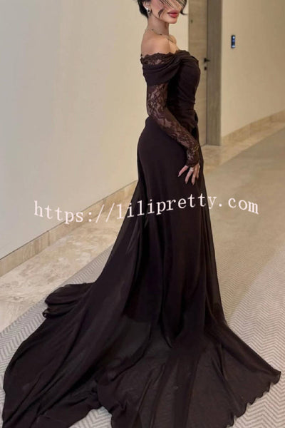 Elegant Patchwork Lace Off-shoulder Long-sleeved Slim-fit Maxi Dress
