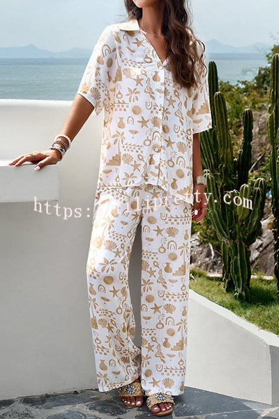 Fun Printed Button Pocket Long Sleeve Shirt and Elastic Waist Pants Set