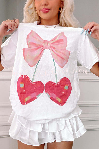 Cherry Bow Print Loose Casual Short Sleeve T-shirt