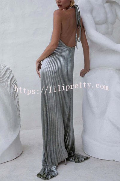 Elegant and Gorgeous Shimmer Fabric Halter A-line Maxi Dress
