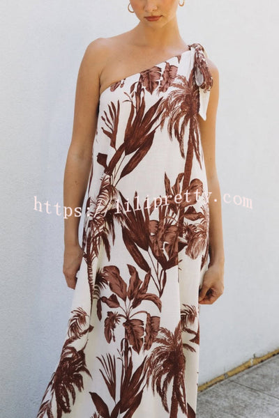 Botanical Print Sleeveless One-shoulder Casual Vacation Maxi Dress