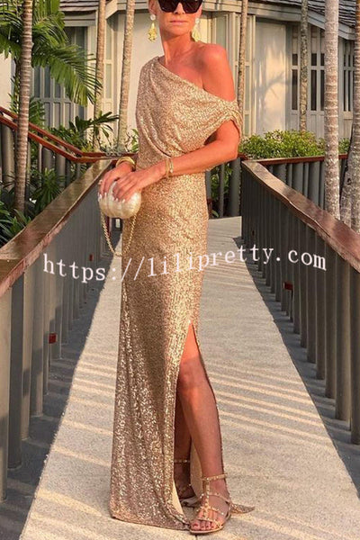 Tropical Party Evenings Sequin One Shoulder Slit Maxi Dress