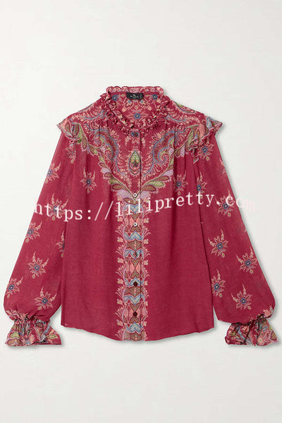 Unique Printed Chiffon Long-sleeved Loose Shirt and Elegant Ruffled Maxi Skirt Set