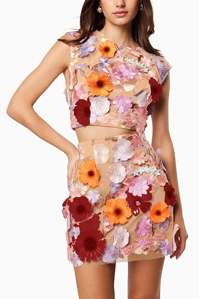 Sunday Charm Embroidered Floral Applique Crop Top and High Rise Mini Skirt Set