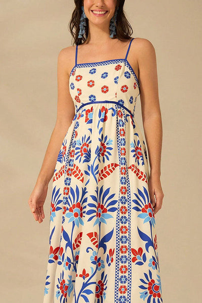 Unique Printed Sling Back Pleated Loose Holiday Maxi Dress