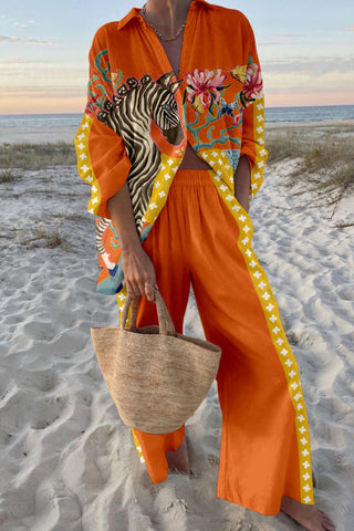 Zebra Print Oversized Shirt and Elastic Waist Pocket Pants Set