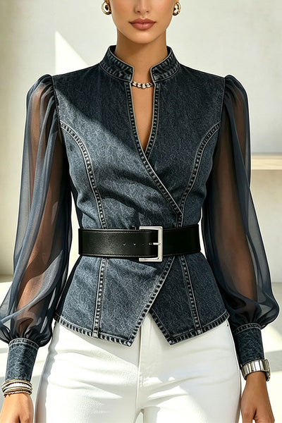 Faux Denim & Sheer Tulle Sculpted Crossover Blouse