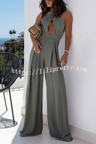 Easy Mode Cross-neck Halter Strap Backless Wide Leg Jumpsuit